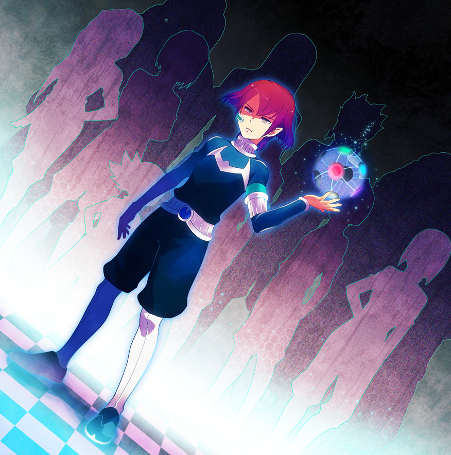 alpha_(inazuma_eleven), character_request, dutch_angle, einamu, headset, hitori_(edge), inazuma_eleven_(series), inazuma_eleven_go, inazuma_eleven_go_chrono_stone, neira, netan, no_pupils, protocol_omega, purple_hair, reiza, revision, silhouette, sphere_device, standing, zanou