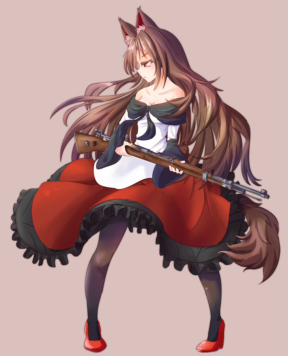 1girl, animal_ears, bare_shoulders, black_legwear, breasts, brown_hair, cleavage, collarbone