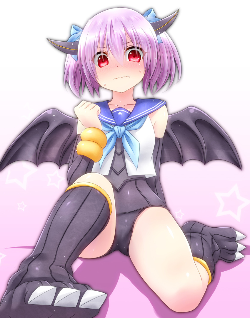 1girl, blush, claws, highres, horns, red_eyes, school_uniform, serafuku, swimsuit, twintails, ultra_kaijuu_gijinka_keikaku, ultra_series, ultraman_80_(series), violet_eyes, watarui, zandrias_(ultra_series)