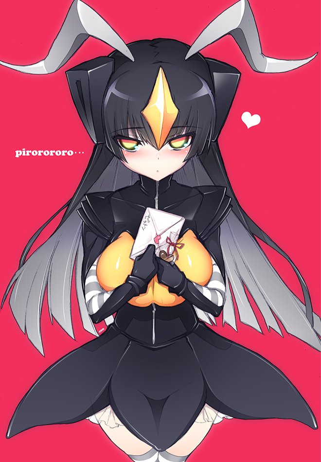 1girl, black_hair, dougan_calpis_con, letter, long_hair, love_letter, personification, ultra_kaijuu_gijinka_keikaku