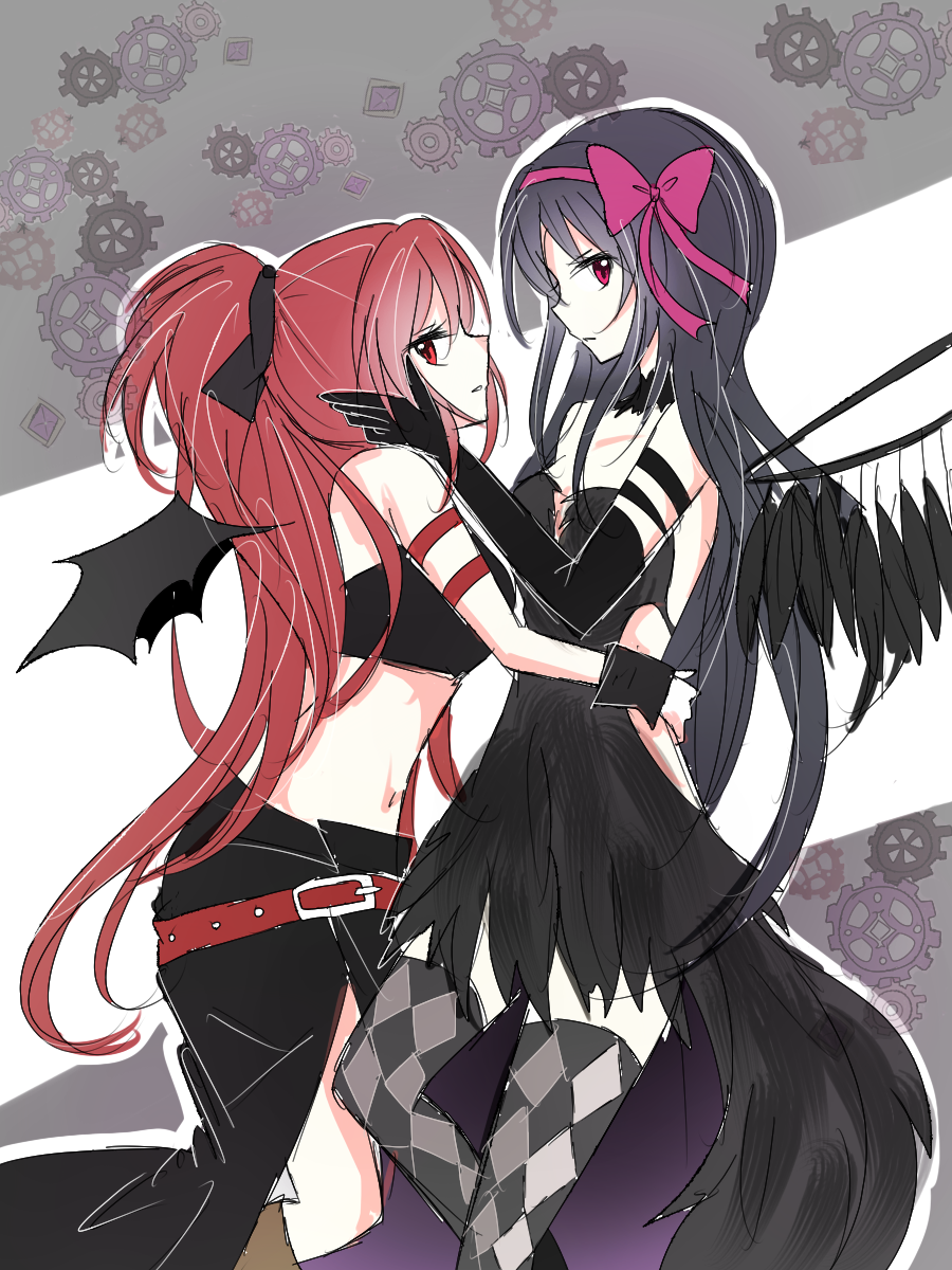2girls, akemi_homura, akuma_homura, argyle, argyle_legwear, arm_around_waist, bare_shoulders, black_gloves, black_hair, bow, choker, dress, elbow_gloves, feathered_wings, gears, gloves, hair_bow, hand_on_another's_cheek, hand_on_another's_face, highres, long_hair, looking_at_viewer, mahou_shoujo_madoka_magica, mahou_shoujo_madoka_magica_movie, multiple_girls, navel, ponytail, profile, red_eyes, redhead, sakuira-ame_(zyosefi-nu), sakura_kyouko, simple_background, spoilers, tagme, thigh-highs, wings, wrist_cuffs, yuri, zettai_ryouiki