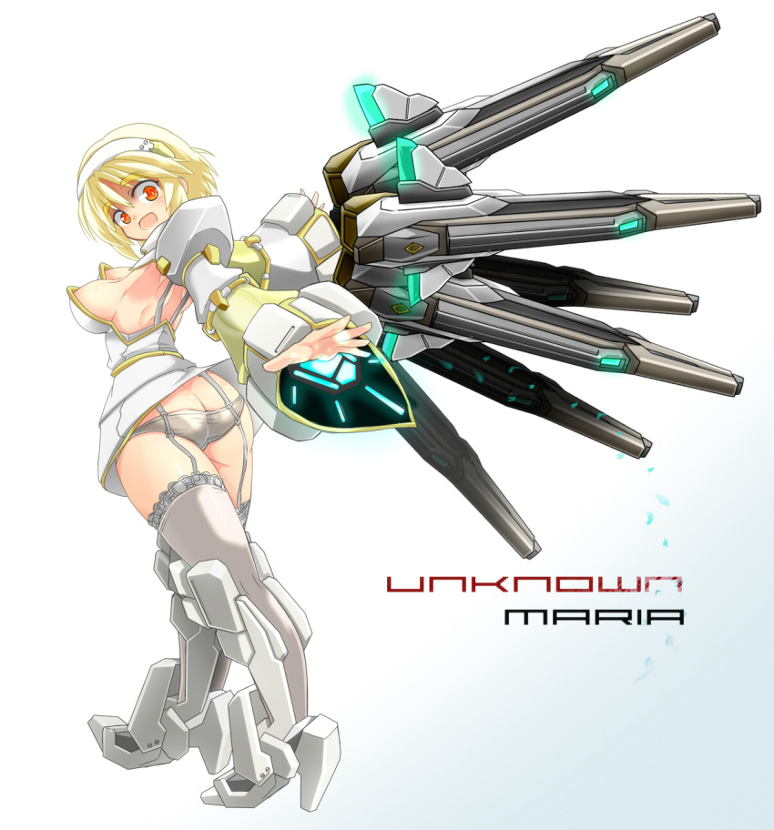 1girl, alternate_color, armpits, ass, bare_shoulders, black_legwear, black_panties, blonde_hair