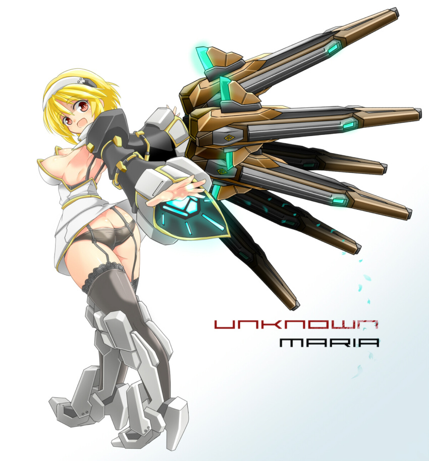 1girl, armpits, ass, bare_shoulders, black_legwear, black_panties, blonde_hair, breasts
