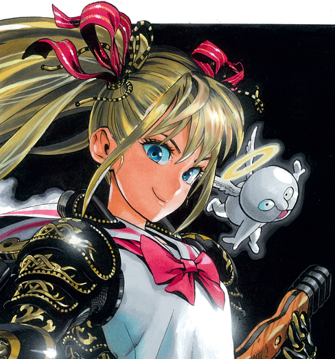 1girl, angel, armor, blonde_hair, blue_eyes, character_request, dangan_tenshi_fan_club, flat_chest