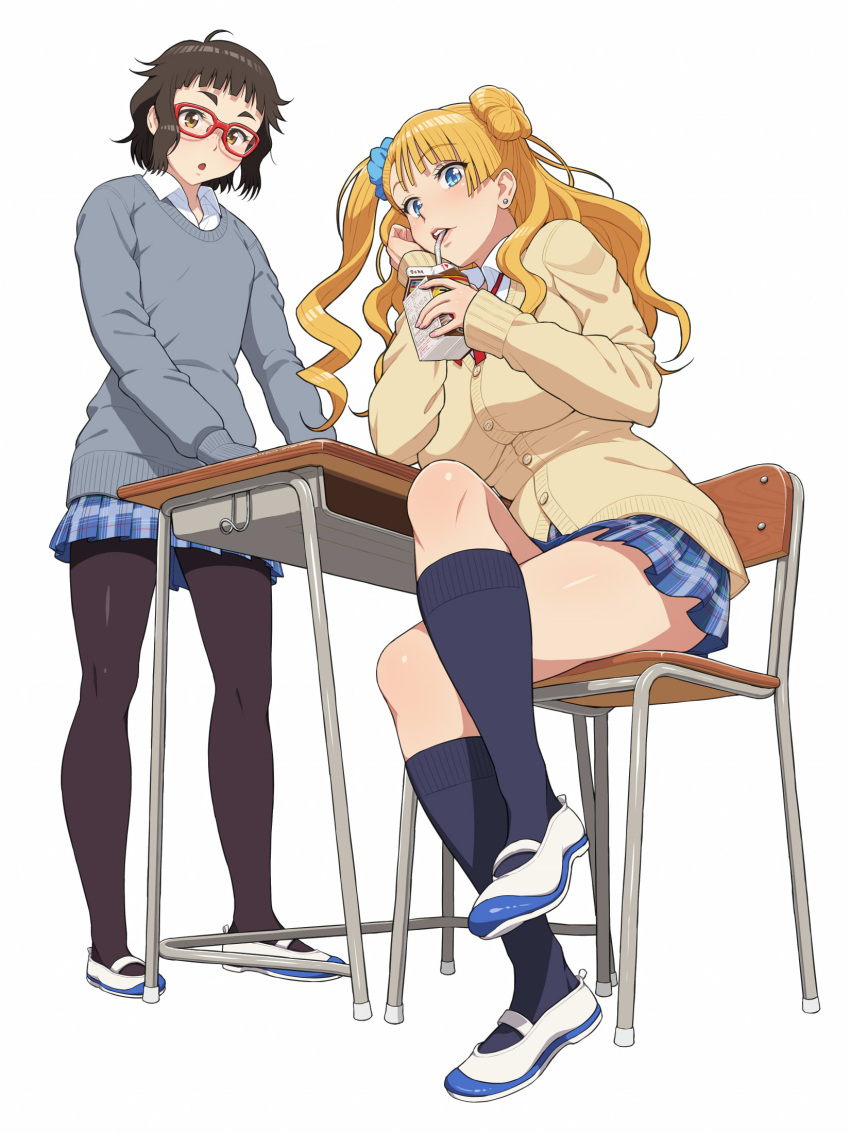 2girls, asymmetrical_hair, black_hair, black_legwear, blue_eyes, breasts, brown_eyes, cardigan, chin_rest, crossed_legs, drinking, drinking_straw, flat_chest, flats, glasses, gyaru-ko, hair_bun, highres, kogal, large_breasts, long_hair, looking_at_viewer, milk_carton, multiple_girls, nigou, one_side_up, oshiete!_gyaru-ko-chan, ota-ko_(gyaru-ko), pantyhose, plaid, plaid_skirt, red-framed_glasses, school_desk, school_uniform, scrunchie, short_hair, sitting, skirt, sweater