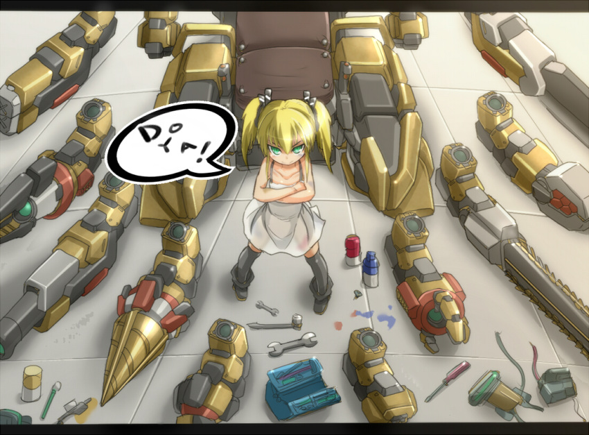 1girl, anklet, arm_cannon, black_legwear, blonde_hair, chainsword, crossed_arms, densou_tenshi_valforce