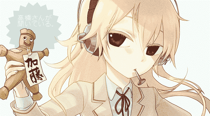 1girl, blonde_hair, headphones, hisayoshi_(hisa), long_hair, nail, school_uniform, takahashi-san_ga_kiite_iru, takahashi_ena, waraningyou