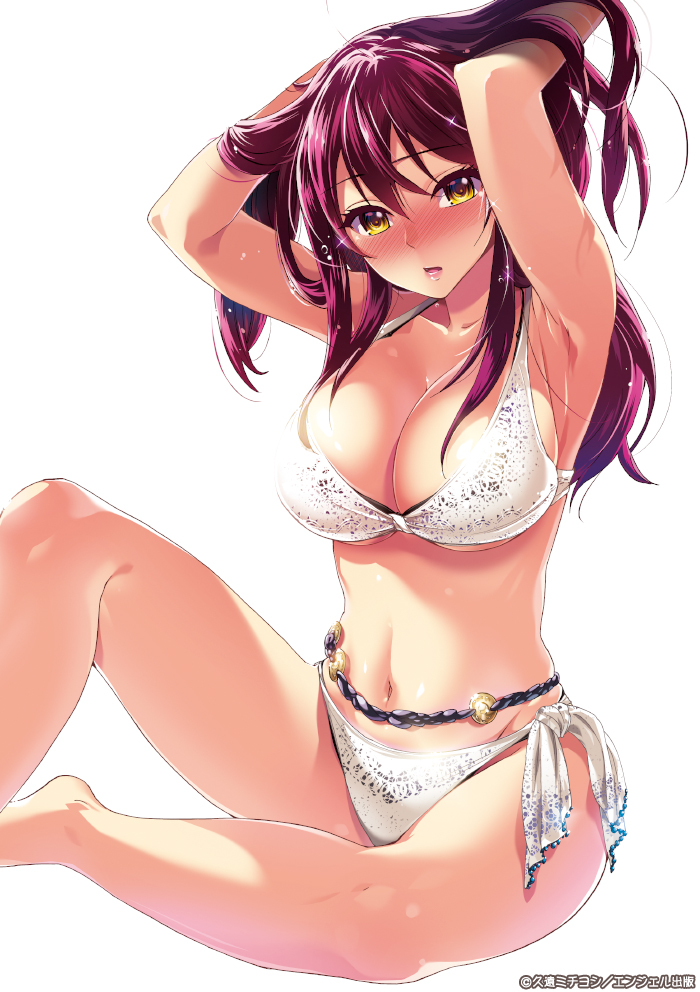 1girl, adjusting_hair, bikini, blush, breasts, cleavage, full-face_blush, kuon_michiyoshi