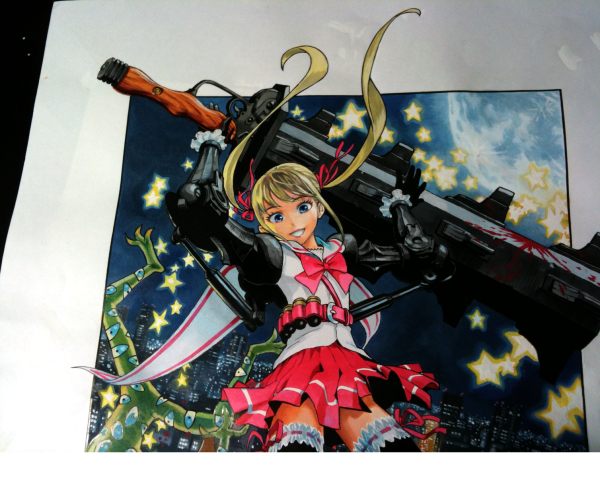 1girl, blonde_hair, blood, bloody_weapon, blue_eyes, dangan_tenshi_fan_club, flat_chest, garters