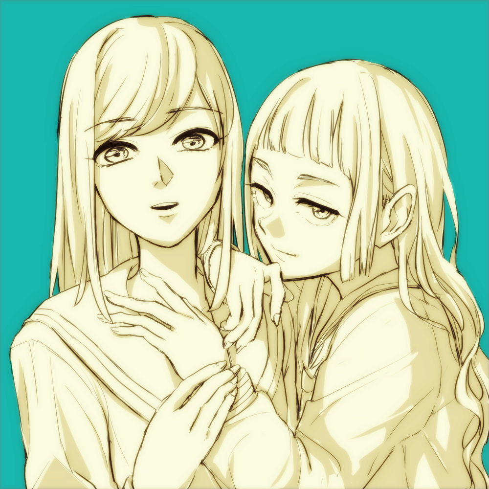 2girls, aqua_background, bangs, blunt_bangs, bust, funabara_tsuitta_tsunagemashita, half-closed_eyes, hand_on_another's_shoulder