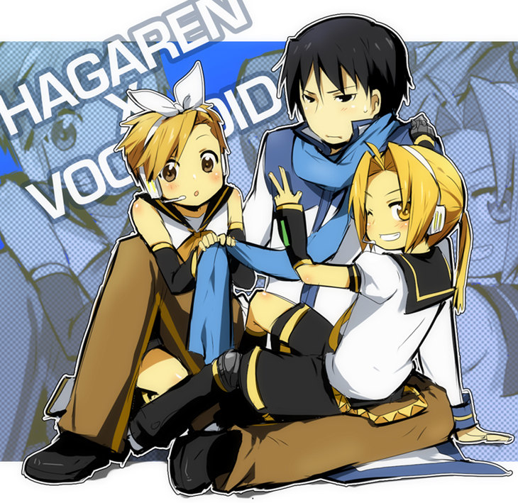 black_hair, blonde_hair, blue_eyes, blush, cosplay, crossdressing, crossdressinging, detached_sleeves