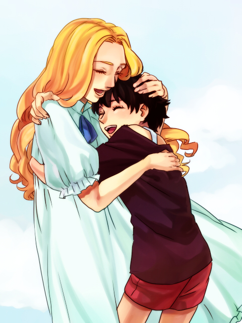 2girls, anna_(omoide_no_marnie), black_hair, blonde_hair, casual, dress, hug, laughing