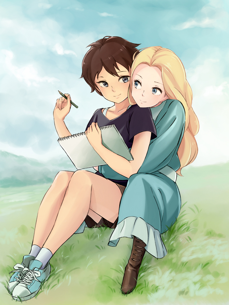 2girls, anna_(omoide_no_marnie), bare_legs, blonde_hair, blue_dress, blue_eyes, boots, brown_boots, brown_hair, dress, full_body, grass, hug, hug_from_behind, long_hair, long_sleeves, looking_at_another, marnie, motoki_(hisano_motoki), multiple_girls, omoide_no_marnie, pencil, puffy_long_sleeves, puffy_sleeves, short_hair, short_sleeves, shorts, side_glance, sitting, sketch_pad, sky, smile, socks, very_short_hair, white_legwear