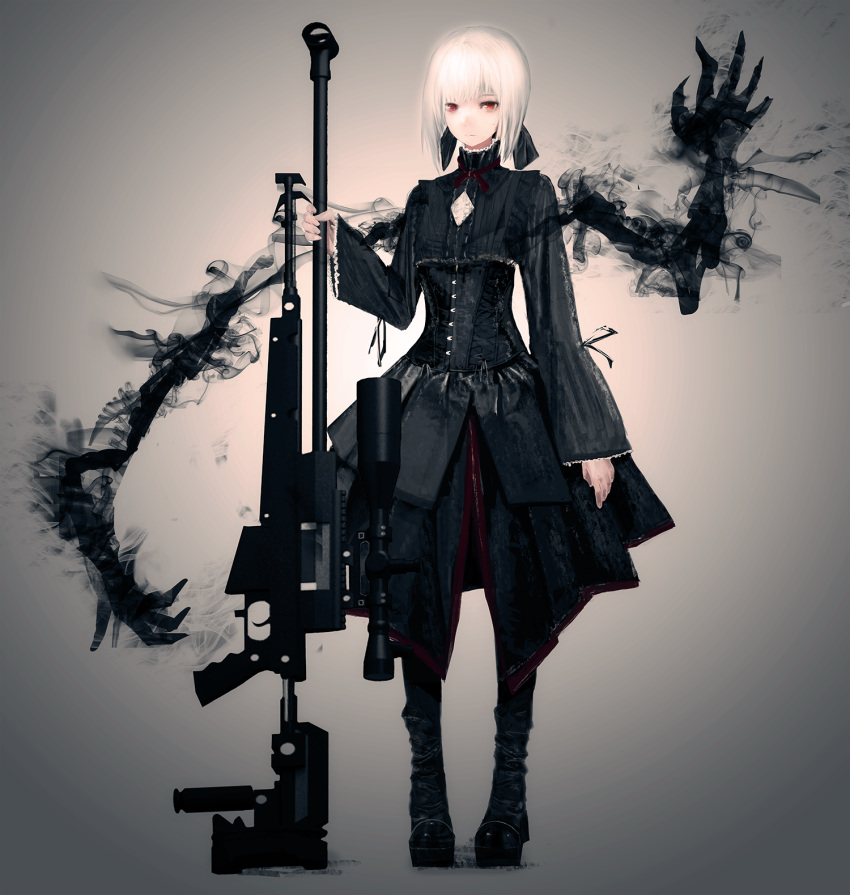 1girl, anti-materiel_rifle, bipod, black_dress, blonde_hair, bow, dress, full_body