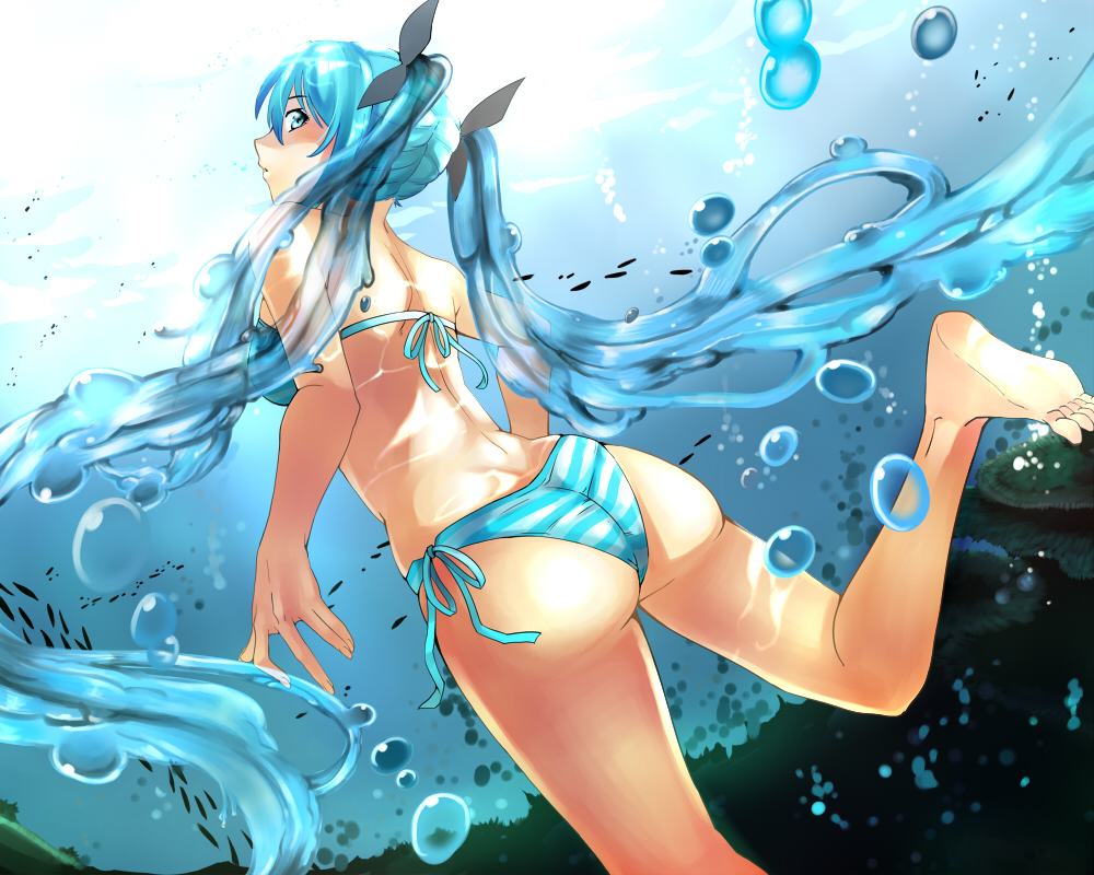 1girl, bikini, blue_hair, bubble, eiji_(eiji), hatsune_miku, long_hair, looking_back