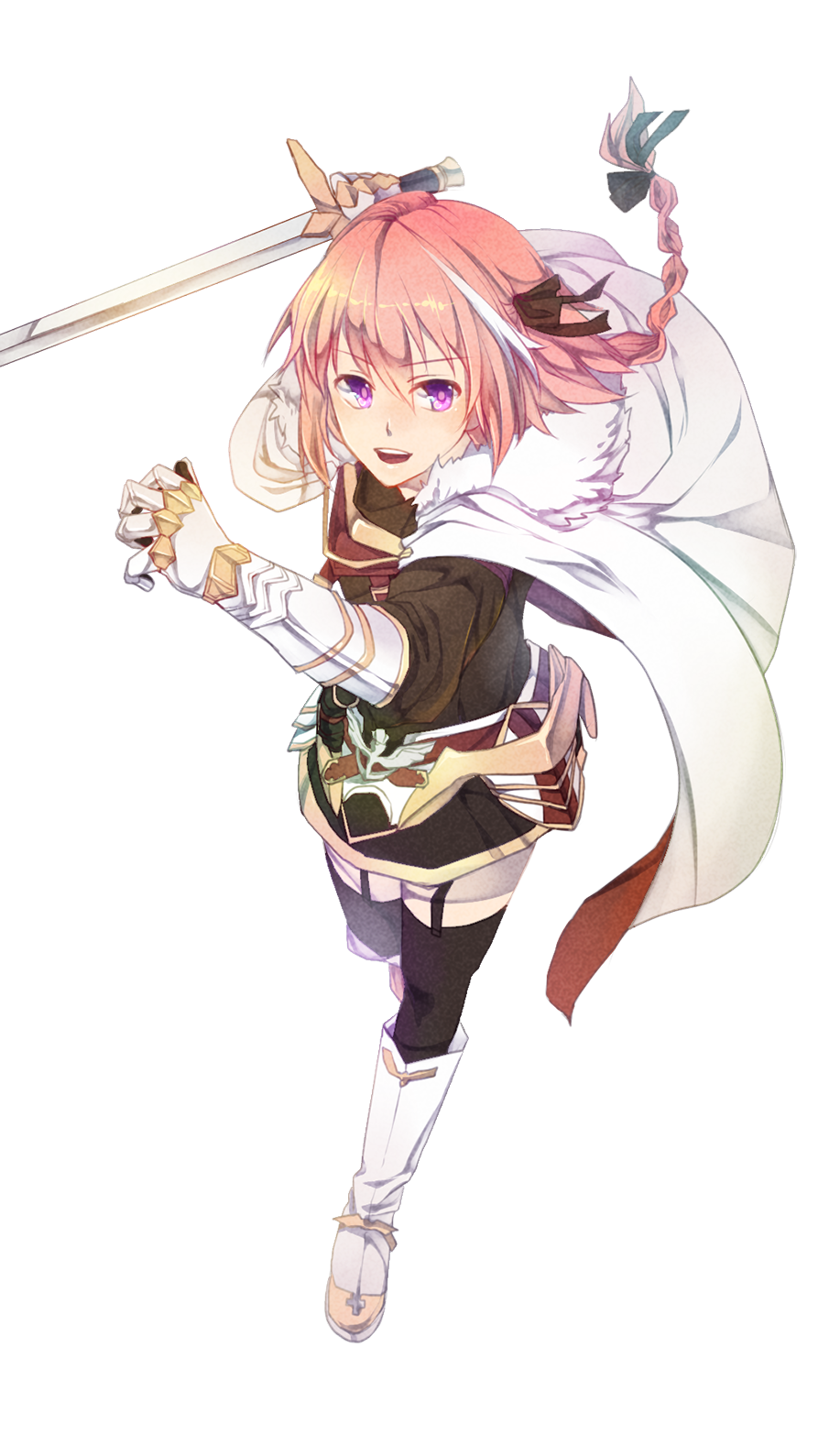 1boy, armor, black_legwear, braid, cape, fate/apocrypha, fate_(series), garter_straps