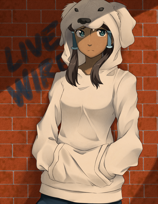 1girl, against_wall, animal_hood, avatar_legends, blue_eyes, brick_wall, brown_hair, casual, contemporary, dark_skin, hair_tubes, hands_in_pockets, hood, hoodie, korra, long_hair, mirakuru_naito, polar_bear_dog, solo, the_legend_of_korra