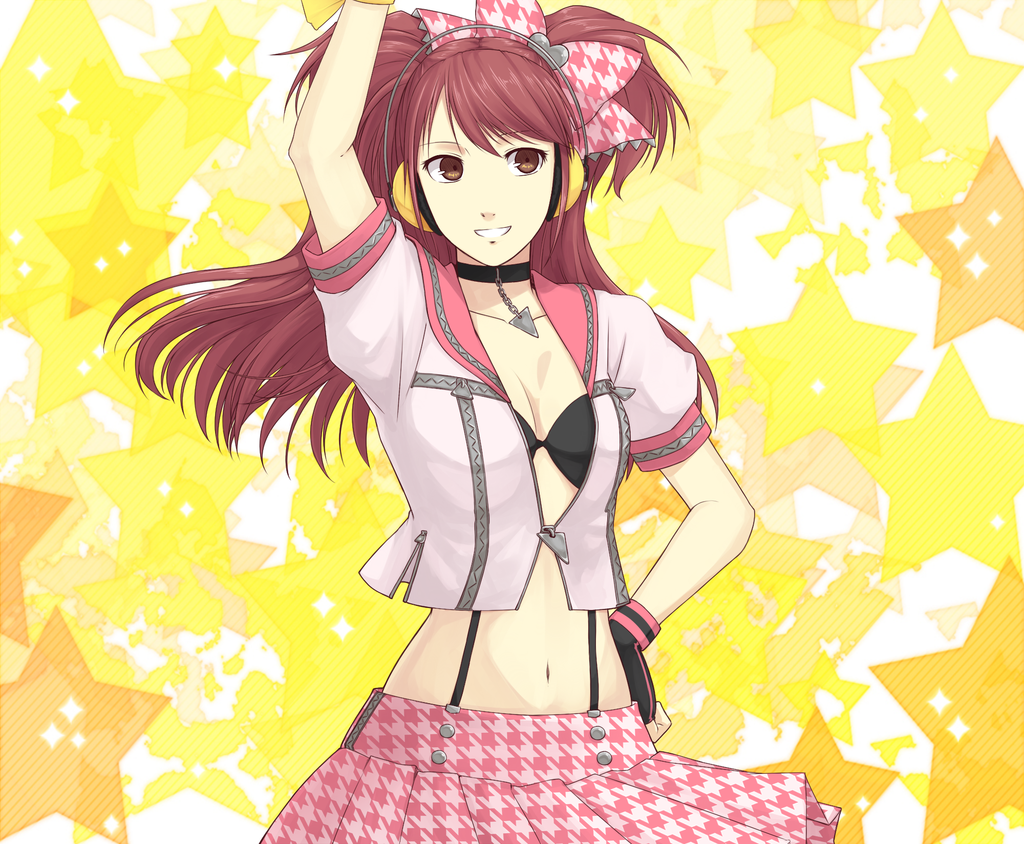 1girl, black_bra, bow, bra, brown_eyes, brown_hair, choker, fingerless_gloves, gloves, hair_bow, hand_on_hip, headphones, houndstooth, idol, kujikawa_rise, long_hair, mirakuru_naito, open_clothes, persona, persona_4:_dancing_all_night, pleated_skirt, skirt, small_breasts, smile, solo, suspenders, twintails, underwear, zipper