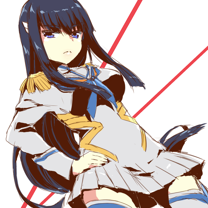 1girl, black_hair, blue_eyes, dress, epaulettes, junketsu, kazuki_marina, kill_la_kill