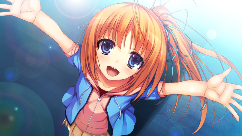 1girl, blue_eyes, blush, kizuna, looking_at_viewer, orange_hair, reminiscence, side_ponytail