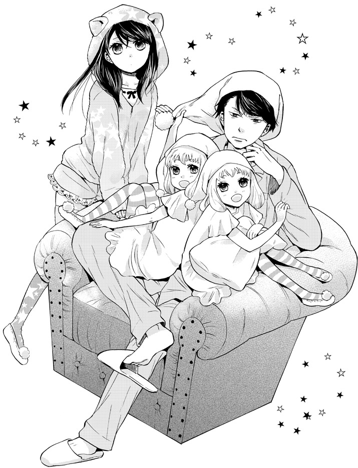 1boy, 3girls, animal_hood, couch, hat, hinata_wahei, hood, kunimae_china
