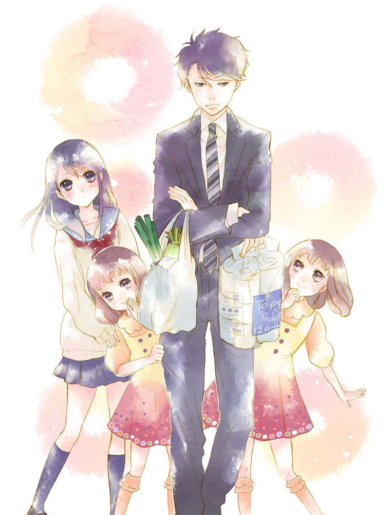1boy, 3girls, formal, hinata_wahei, kunimae_china, kunimae_chise, kunimae_hotaka, machita