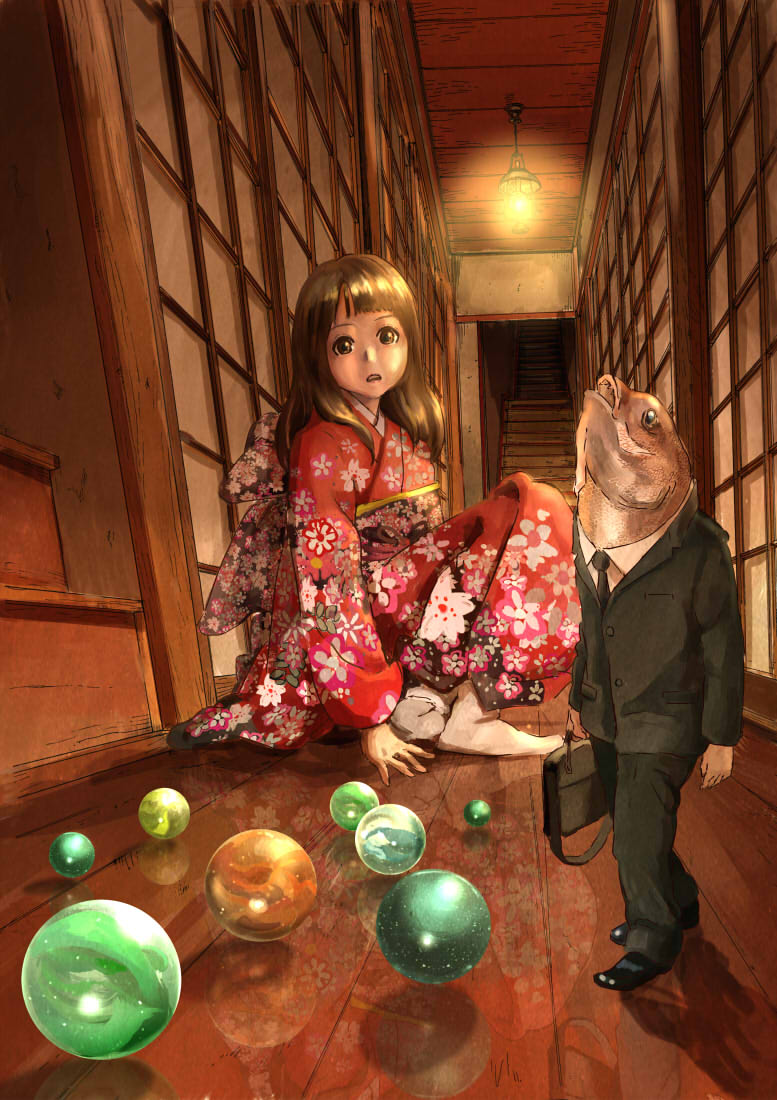 1girl, brown_eyes, brown_hair, fish_head, formal, japanese_clothes, katou_fumitaka, kimono