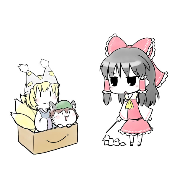 amazon_(company), bad_id, box, cardboard_box, chen, chibi, for_adoption, girl_in_a_box, gohei, hakurei_reimu, in_box, in_container, multiple_girls, rif, touhou, yakumo_ran