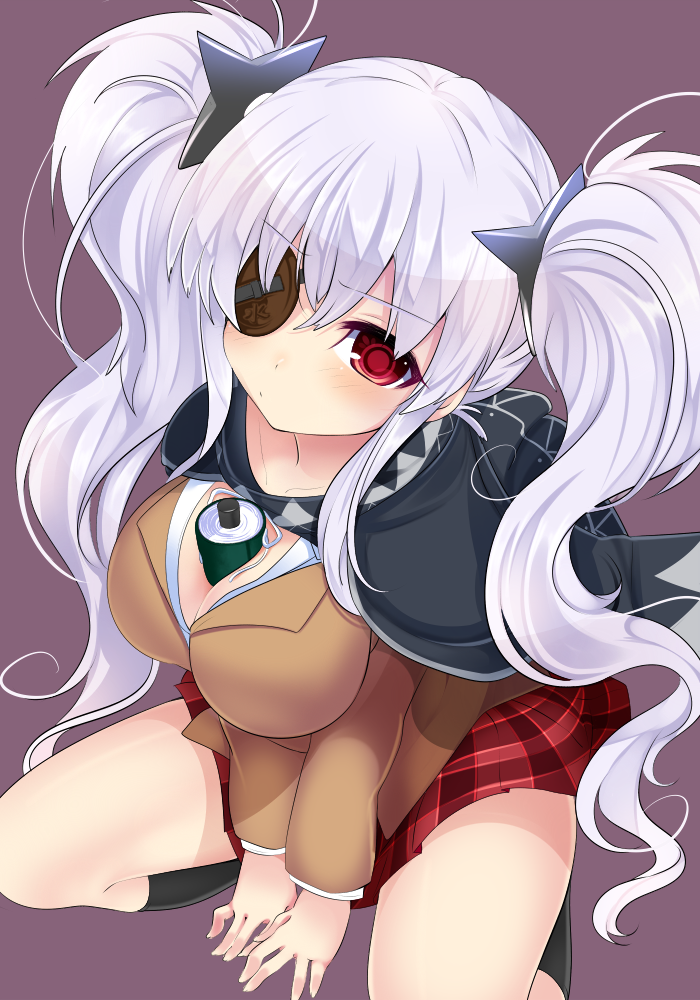 1girl, between_breasts, black_legwear, blush, breasts, cape, eyepatch, hair_ornament
