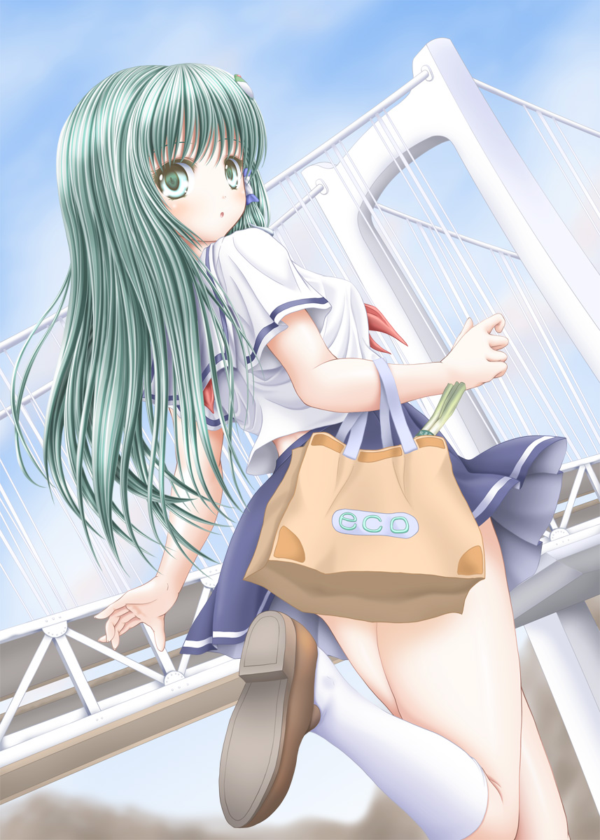 1girl, akino_irori, alternate_costume, bag, blue_sky, breasts, bridge, censored
