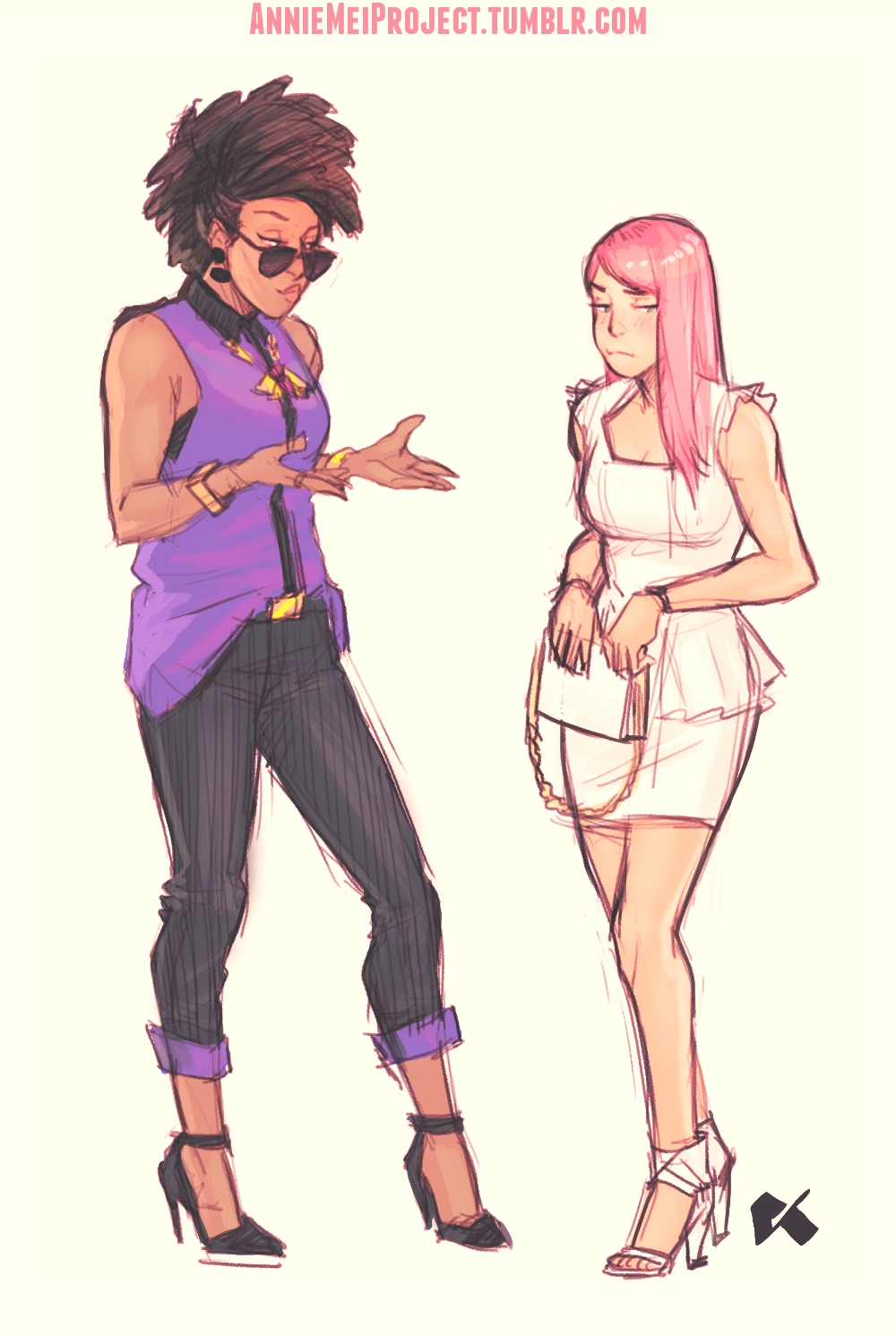 2girls, afro, annie_mei, annie_mei_project, bag, blush, bracelet, breasts