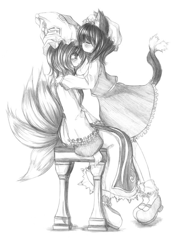 blush, catgirl, chen, dress, foxgirl, game, hat, kissing