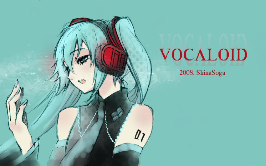 alternate_color, detached_sleeves, green_eyes, hatsune_miku, headphones, nail_polish, necktie, portrait