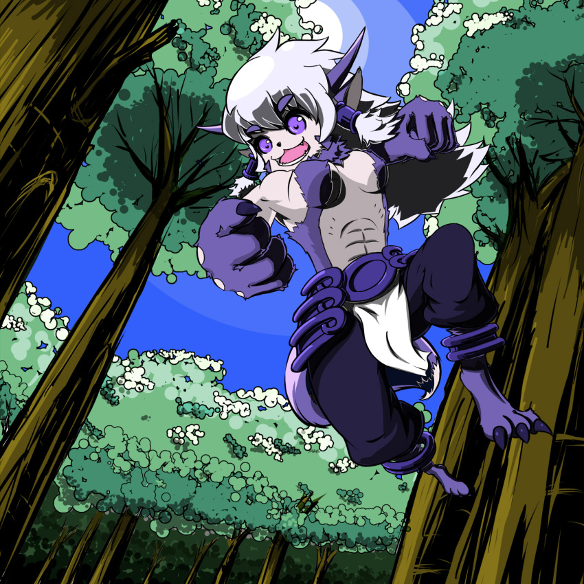 1girl, abs, animal_ears, baggy_pants, barefoot, blue_eyes, borrowed_character, breasts, clenched_hands, colored, dutch_angle, fangs, forest, grey_hair, hair_tubes, highres, horns, jumping, kemono, loincloth, long_hair, monster_girl, nature, nise_maou_kemozeru, no_nipples, original, revision, solo, st926, tail, topless, tree, wolf_ears, wolf_tail, yuusha_to_maou