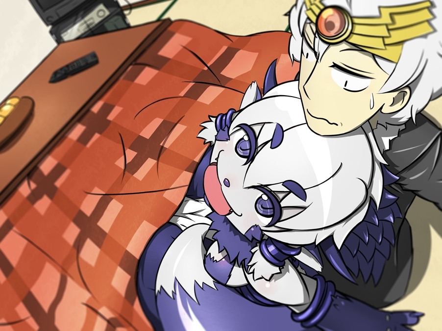 1boy, 1girl, :p, animal_ears, blue_eyes, borrowed_character, fangs, forehead_jewel