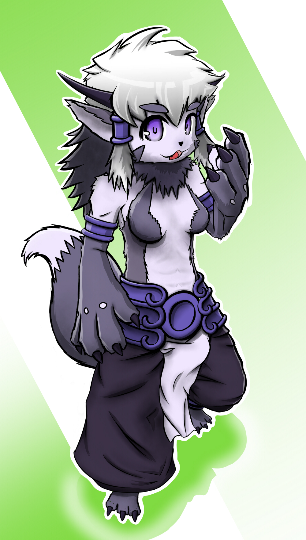 1girl, animal_ears, baggy_pants, belt, blue_eyes, borrowed_character, claws, fur