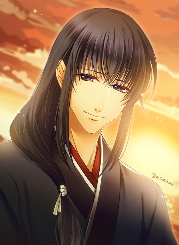 1boy, bakumatsu_shishi_no_renai_jijou, black_hair, blue_eyes, e_sasaoka, japanese_clothes, long_hair, male, smile, solo, sunset, takechi_henpeita, twitter_username