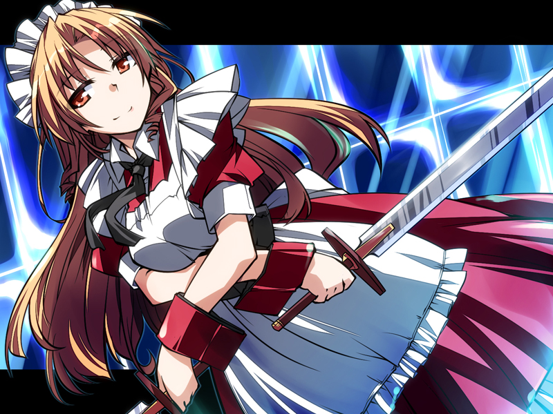 1girl, apron, blonde_hair, breasts, dress, dual_wielding, hemogurobin_a1c, long_hair