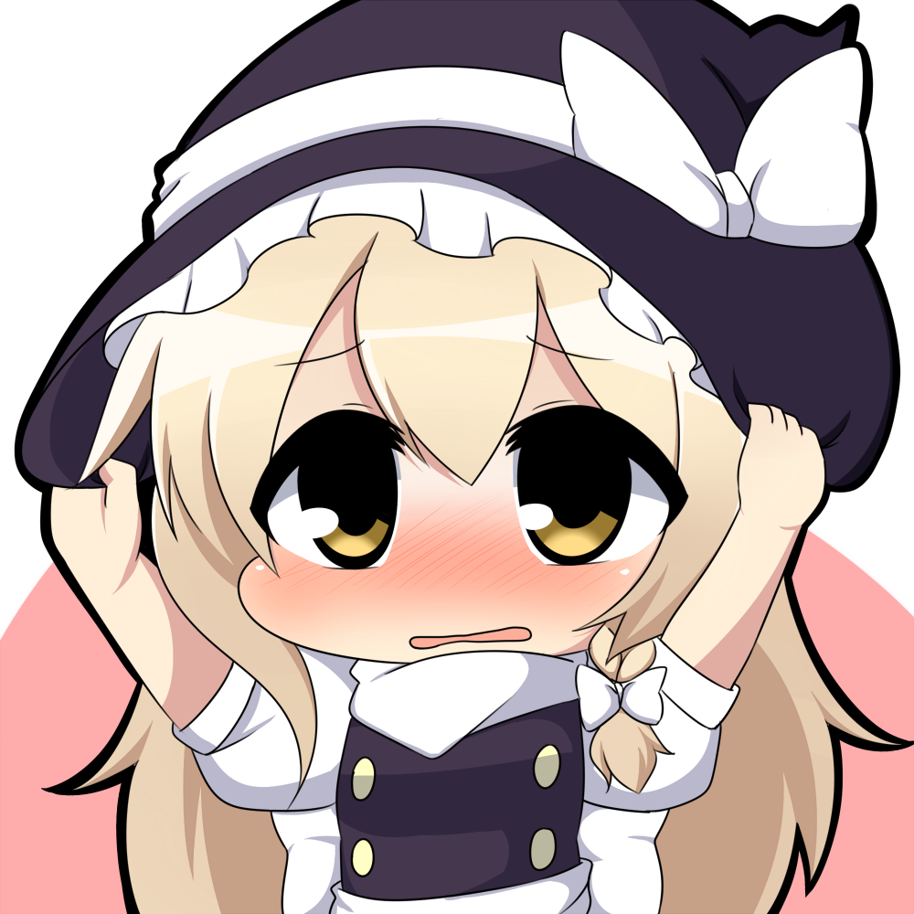 1girl, black_clothes, blonde_hair, blush, braid, chibi, embarrassed, hair_ribbon