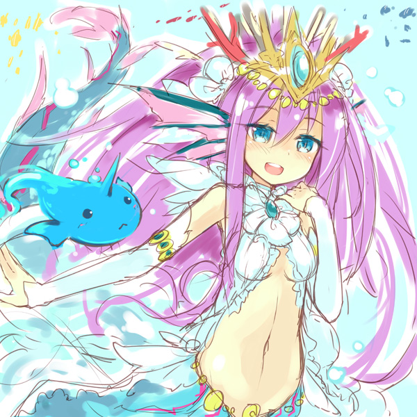 1girl, :<, armlet, blue_eyes, blush, breasts, bridal_gauntlets, bubblie_(p&amp;d), cleavage, coral, creature, fish_tail, frills, hair_ornament, hand_on_own_shoulder, head_fins, horn, jewelry, long_hair, mermaid, midriff, monster_girl, mound_of_venus, navel, open_mouth, purple_hair, puzzle_&amp;_dragons, siren_(p&amp;d), solo, tail, tiara, underwater, water, yukitarou_(awamori)