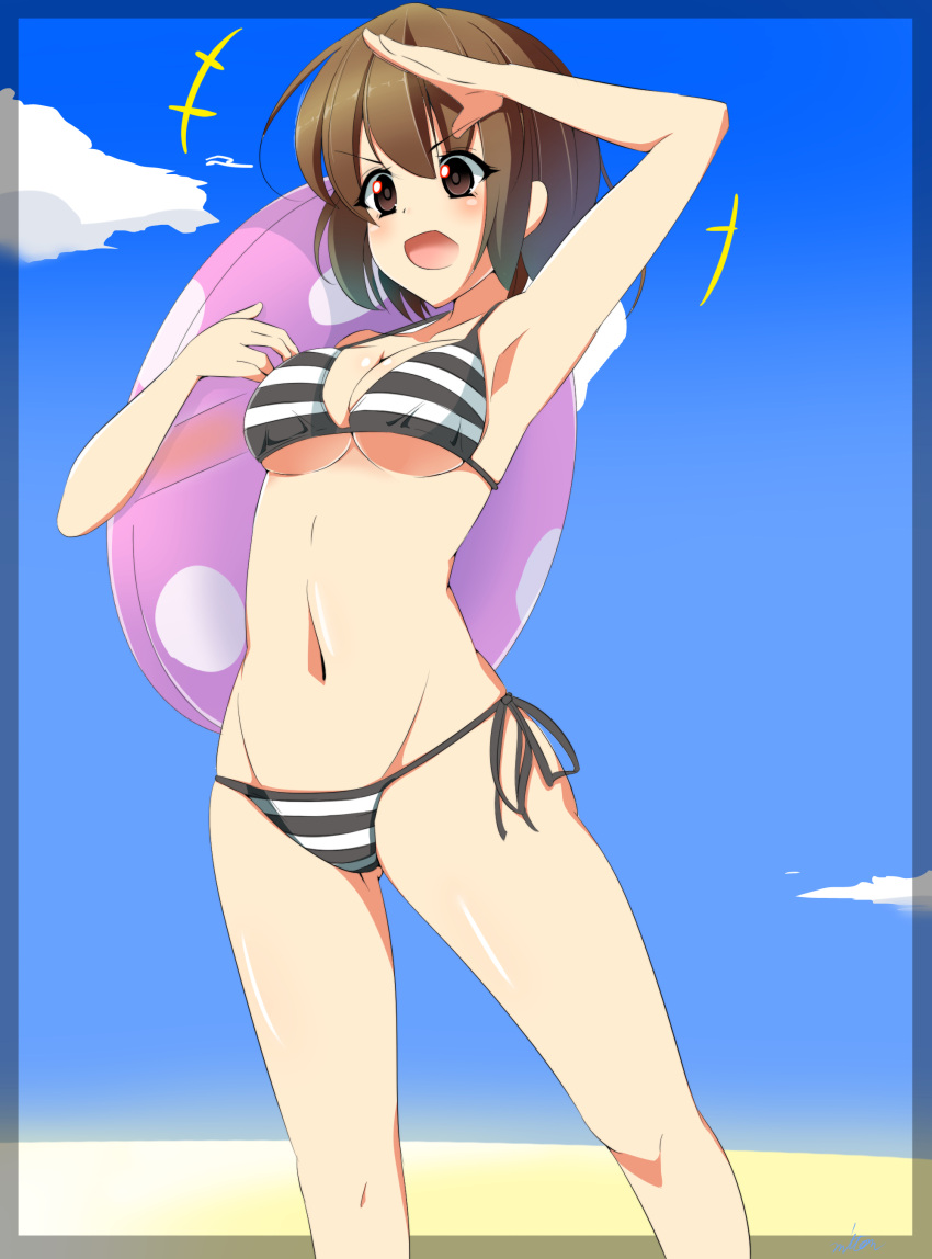 1girl, absurdres, bikini, brown_eyes, brown_hair, highres, innertube, miton15