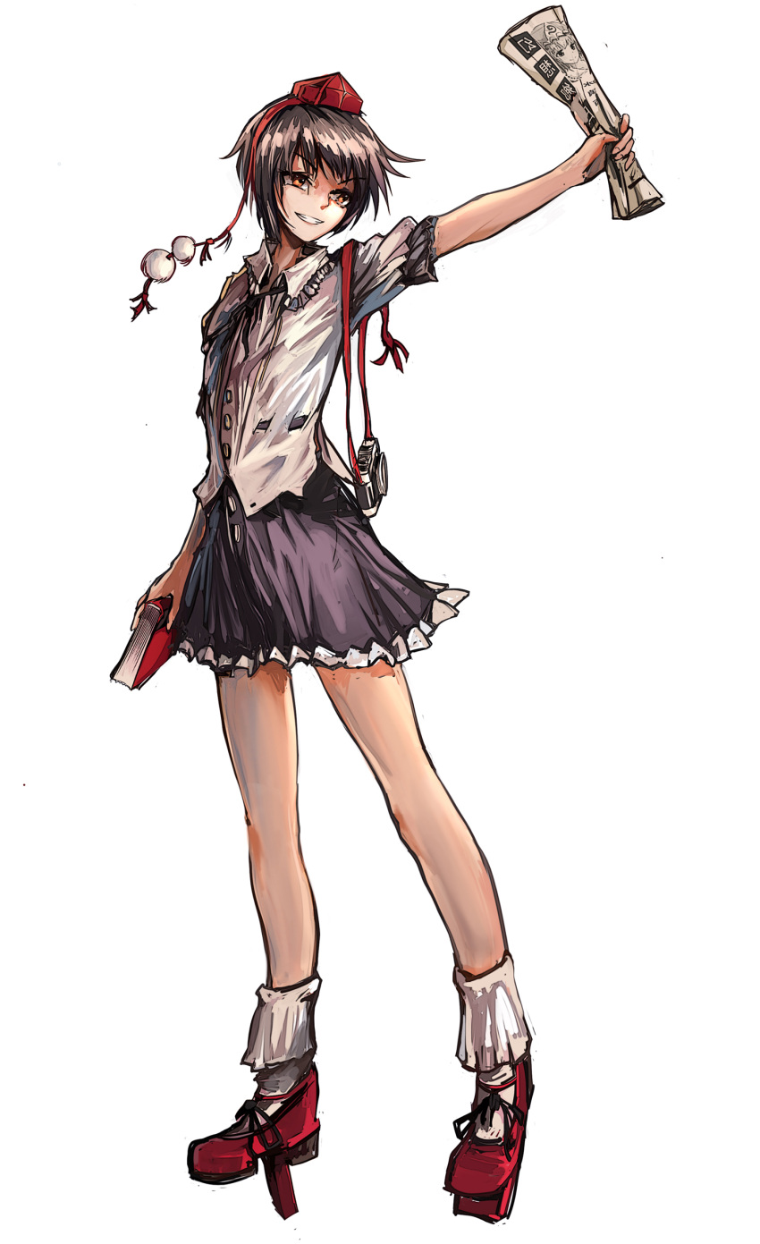 1girl, absurdres, ankle_socks, black_hair, blouse, book, camera, dan_2013, full_body, geta, grin, hat, highres, looking_at_viewer, newspaper, outstretched_arm, pom_pom_(clothes), shameimaru_aya, short_hair, short_sleeves, simple_background, skirt, smile, solo, standing, tengu-geta, tokin_hat, touhou, white_background, yellow_eyes