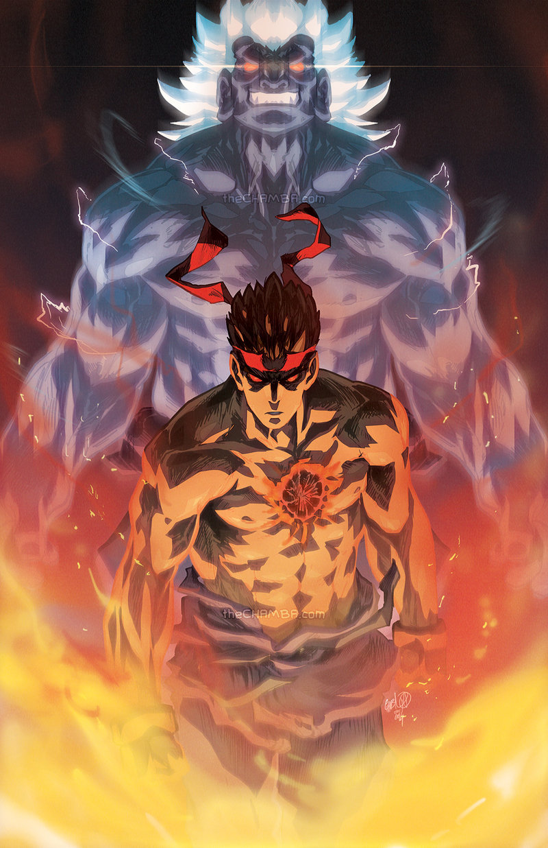 2boys, abs, aura, dark_skin, dougi, electricity, evil_ryuu, fire