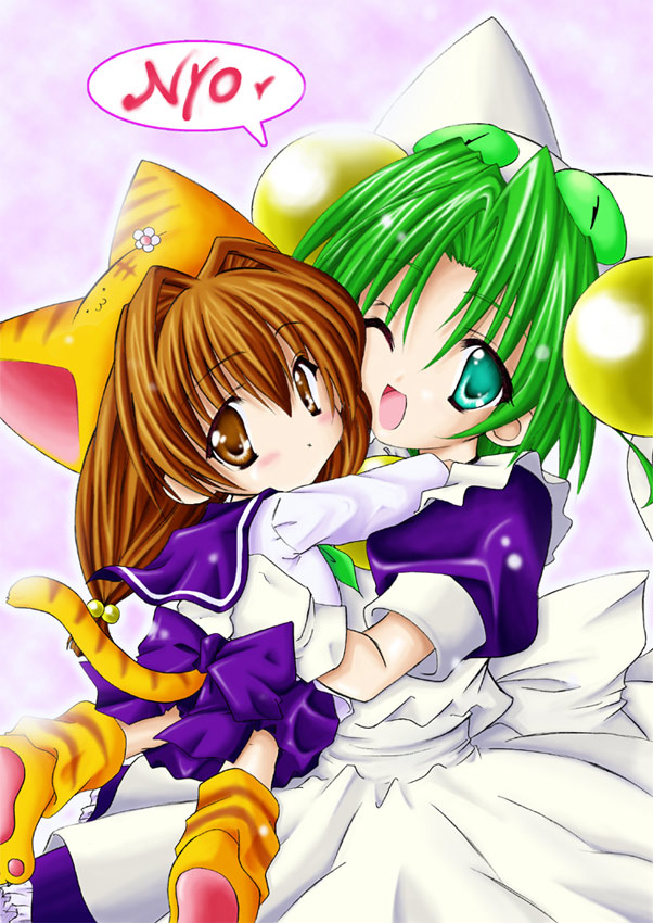 :3, aqua_eyes, brown_eyes, brown_hair, cat_paws, cat_tail, dejiko, di_gi_charat, gloves, green_hair, hat, hug, multiple_girls, paw_shoes, paws, puchiko, romaji, sankaku_umako, tail, twintails, wink