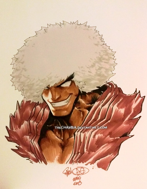 1boy, afro, dark_persona, dark_skin, dougi, eyebrows, face, grin