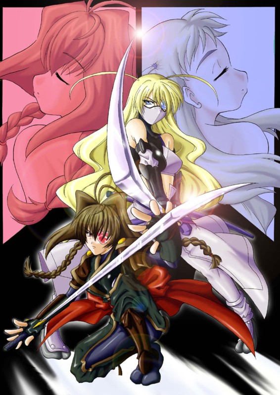 alterego, antenna_hair, blonde_hair, blue_eyes, braid, brown_hair, closed_eyes, detached_sleeves