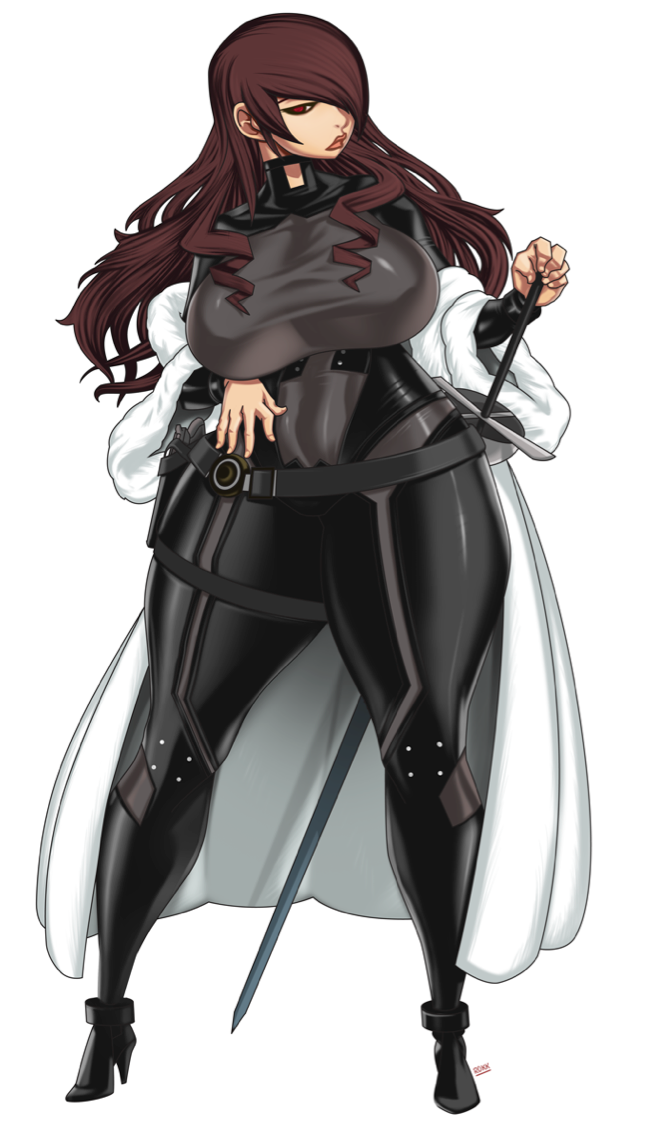 1girl, alternate_costume, bodysuit, breasts, curvy, drill_hair, fur_coat, hair_over_one_eye