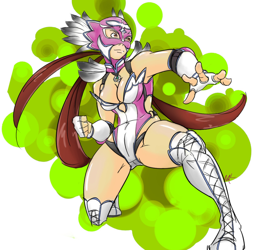 1girl, alternate_costume, boots, breasts, brown_eyes, brown_hair, cleavage, cross-laced_footwear