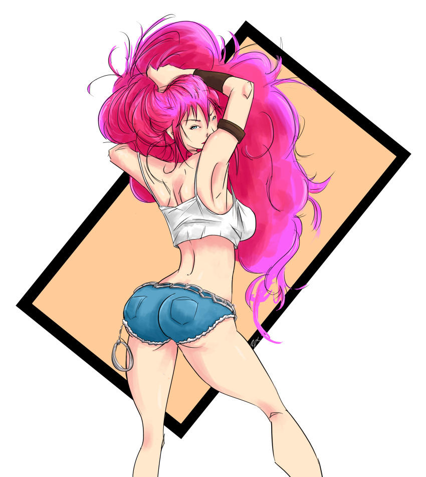 1girl, absurdres, armlet, arms_up, ass, blue_eyes, bracer, contrapposto, cuffs, cutoffs, denim, denim_shorts, final_fight, from_behind, handcuffs, hands_in_hair, highres, long_hair, looking_back, messy_hair, no_hat, pink_hair, poison_(final_fight), shorts, solo, spaghetti_strap, transparent_background, very_long_hair, zakkido