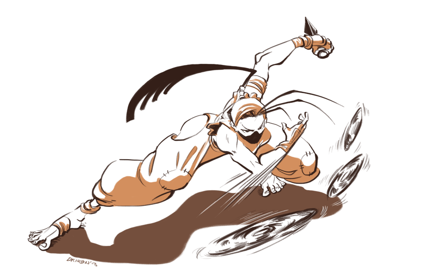 1girl, antenna_hair, baggy_pants, bandana, barefoot, dkirbyj, face_mask, ibuki_(street_fighter)